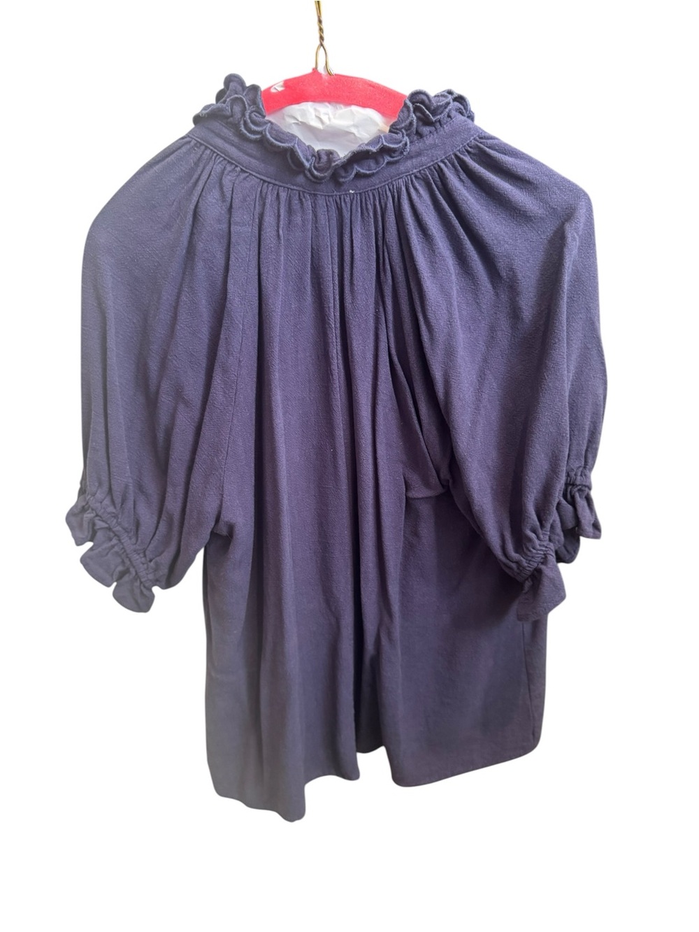 Umgee Navy Ruffle-Neck Button Front Blouse - Picture 3 of 4